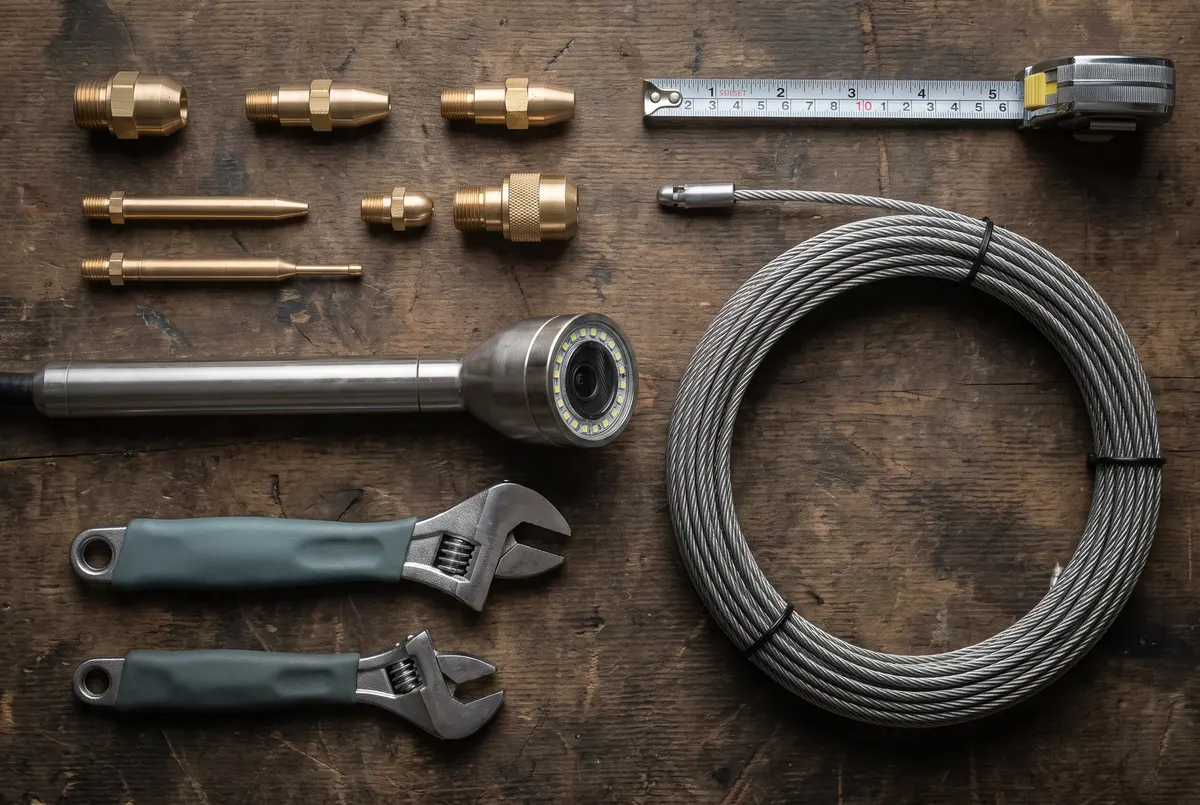 Drain jetting nozzles, a camera head, steel cable and hand tools laid out on a workbench
