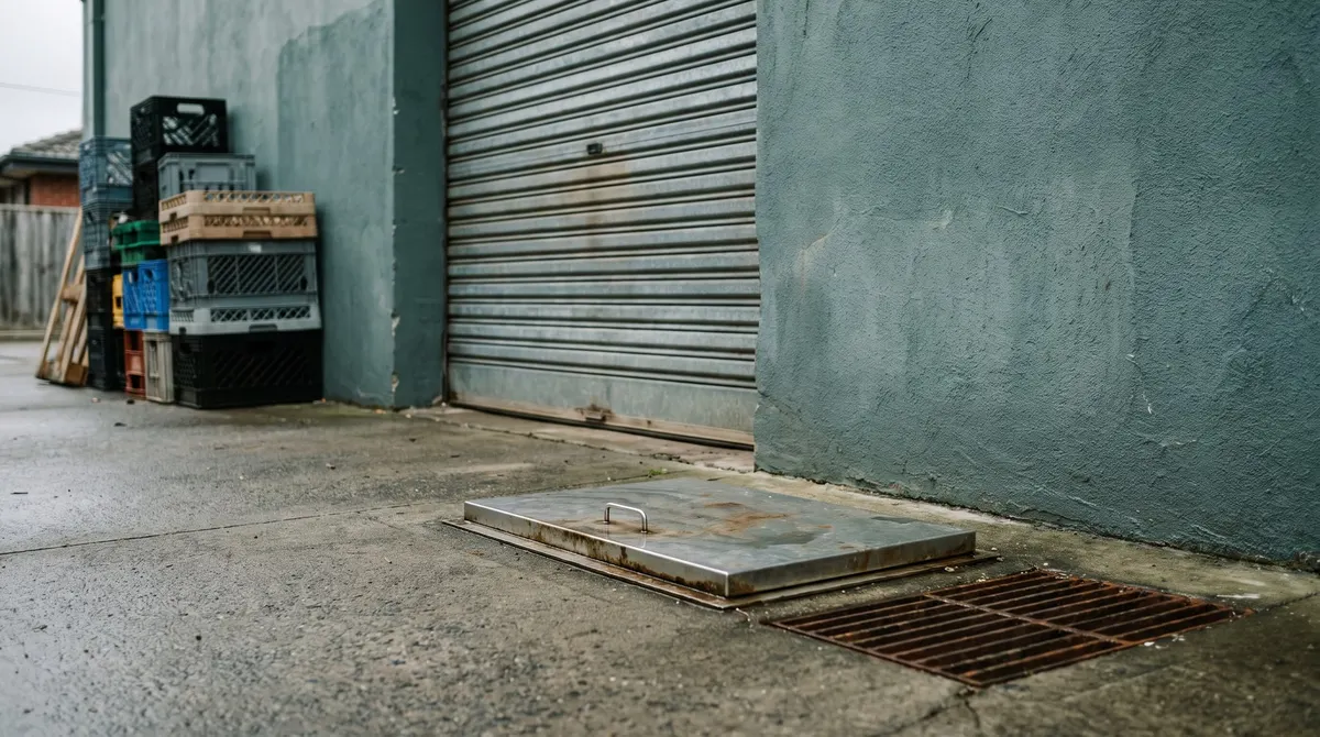 A service laneway behind a small commercial building, with a grease trap lid and a drain grate set in the concrete