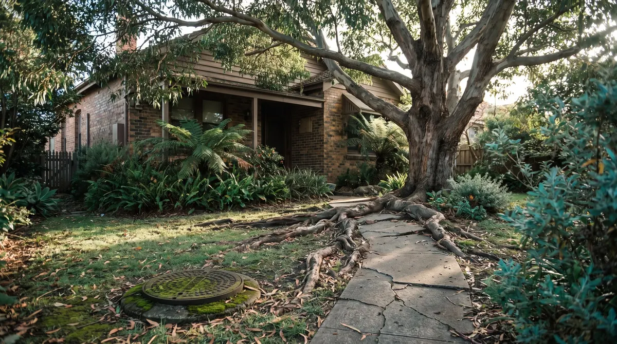 A mature tree beside a house, its surface roots lifting a concrete path near a drain cover in the lawn
