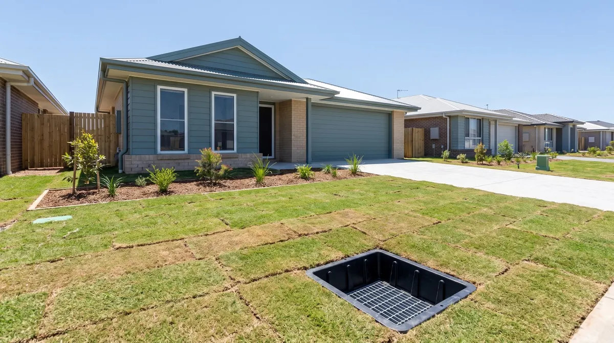 A newly built home with freshly laid turf and a new stormwater pit set into the lawn