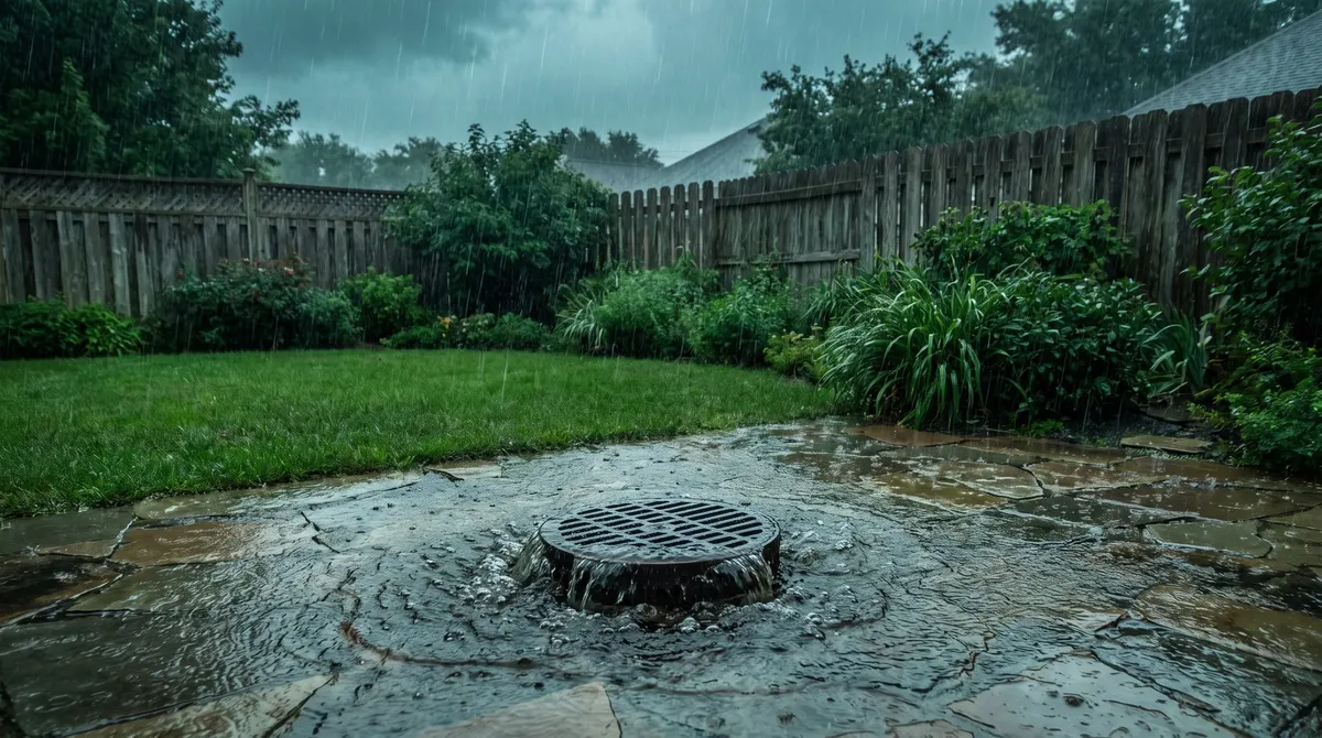 Heavy rain pooling across a paved area, with water welling up out of a grated stormwater pit