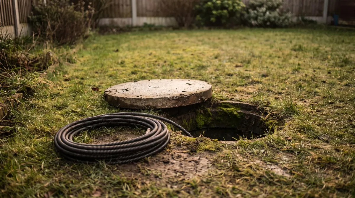 A worn drain inspection cover lifted aside in a back lawn, with a drain cleaning cable coiled nearby