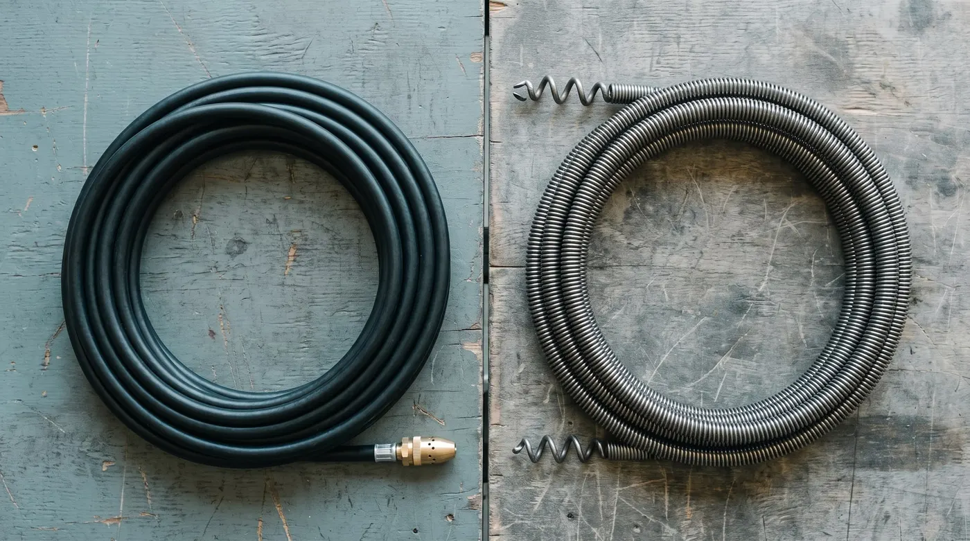 A coiled jetting hose with a brass nozzle laid beside a coiled steel drain cable with a cutting head