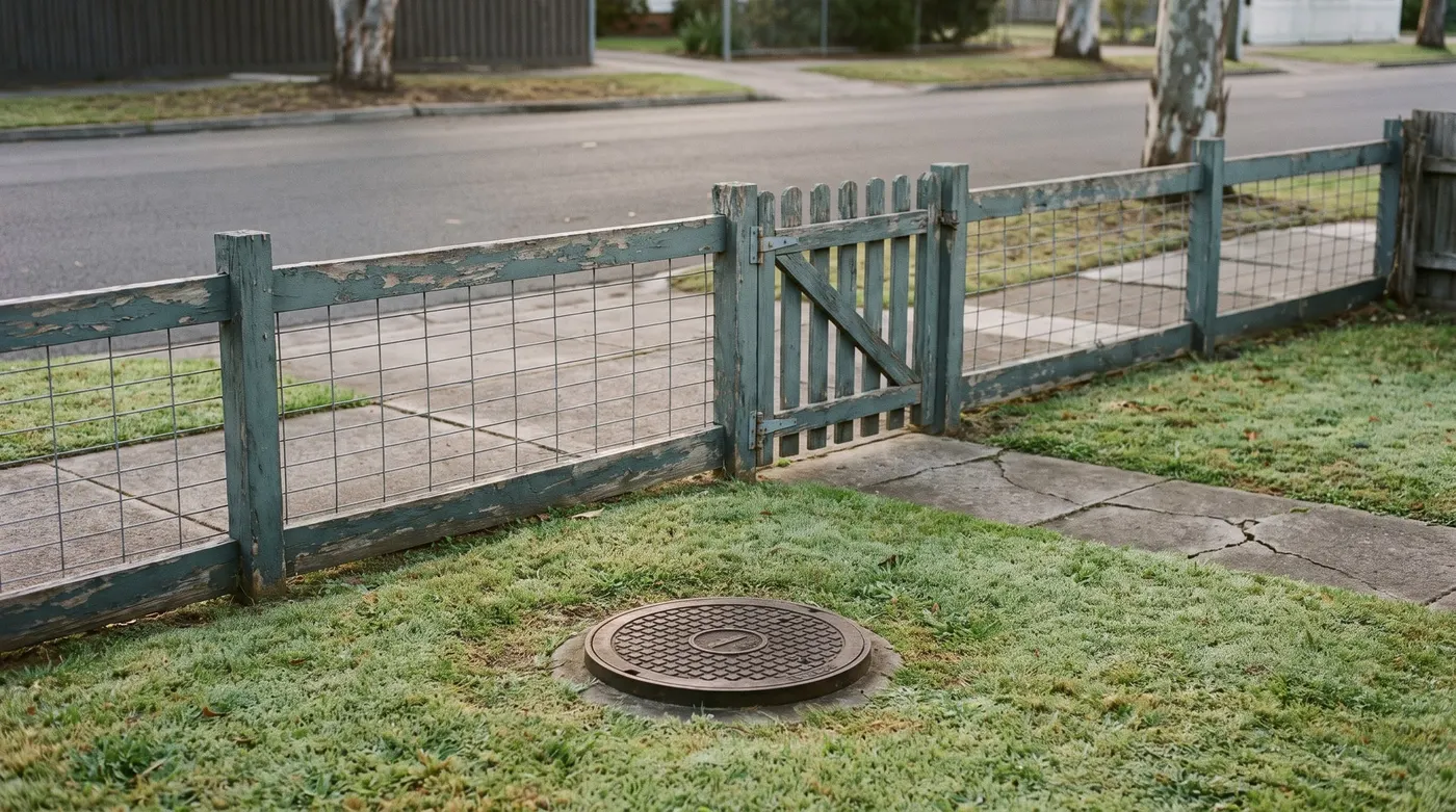 A sewer inspection point in a front lawn near the property boundary, with the street beyond