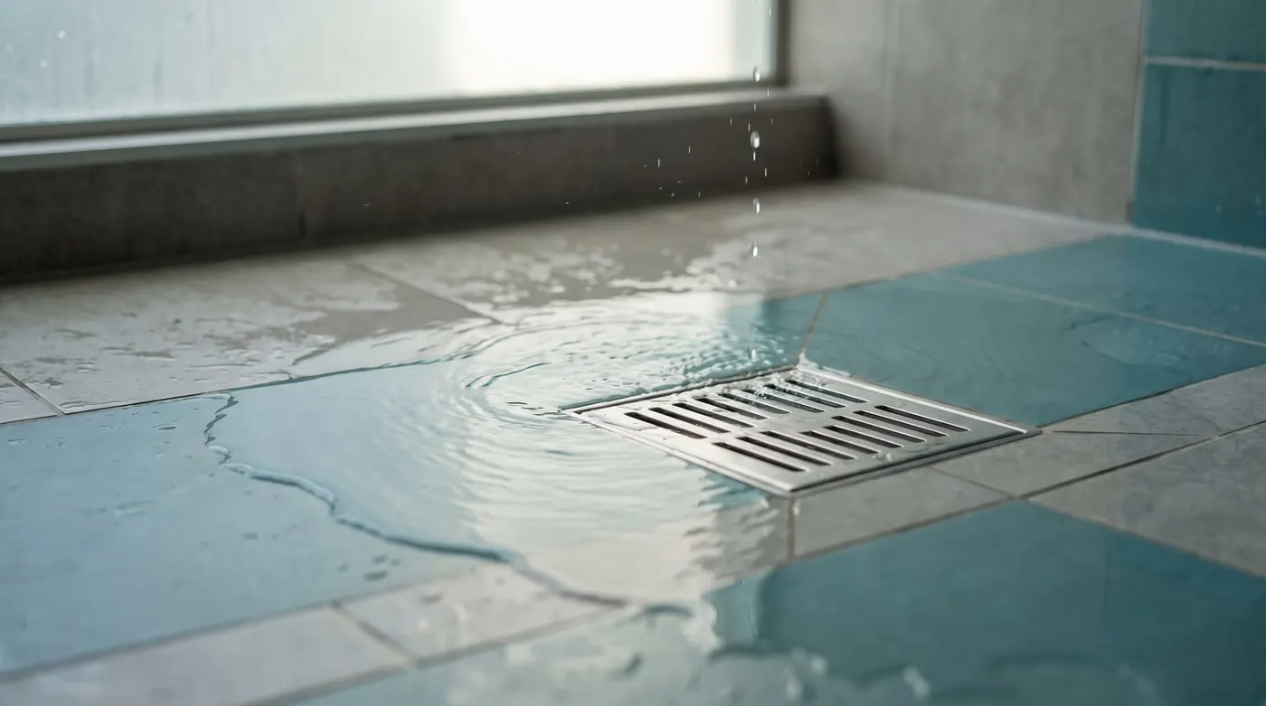 Water pooling on a tiled shower floor instead of draining away through the floor waste