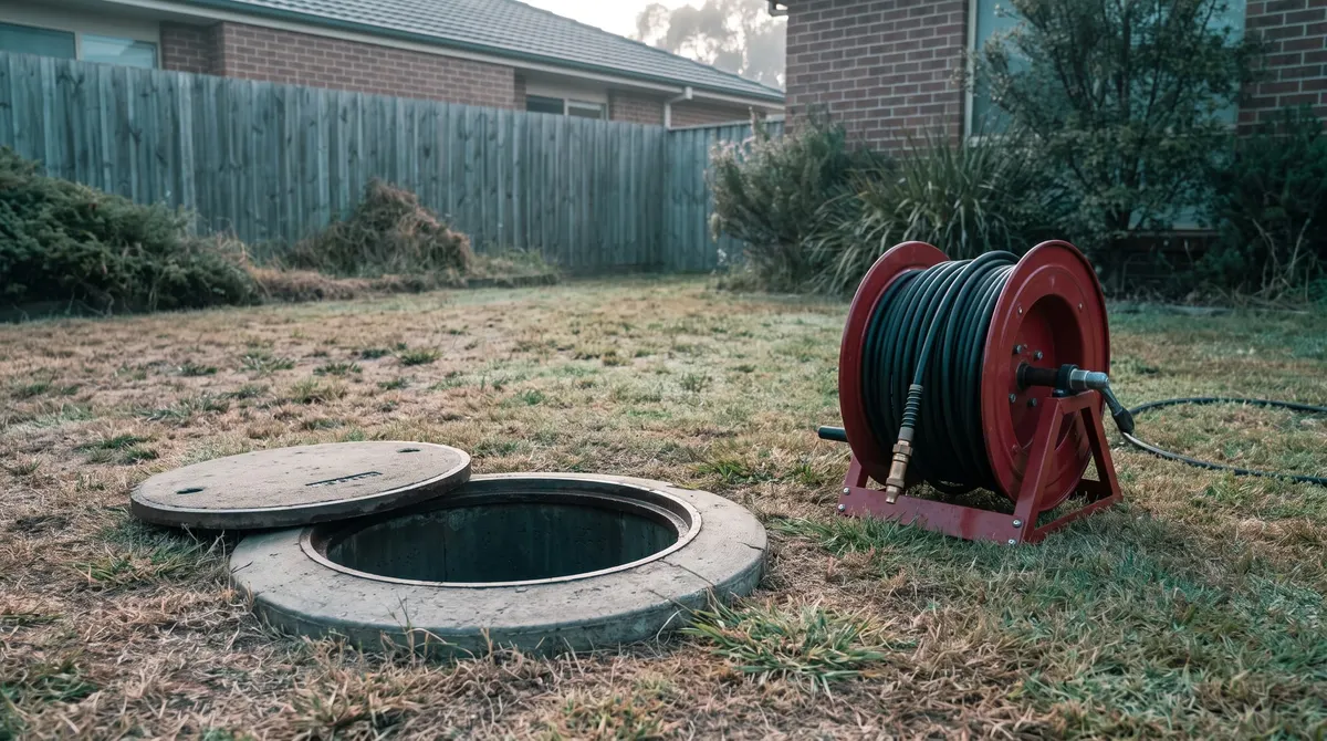 An open drain inspection point in a back lawn, beside a reel of high-pressure jetting hose