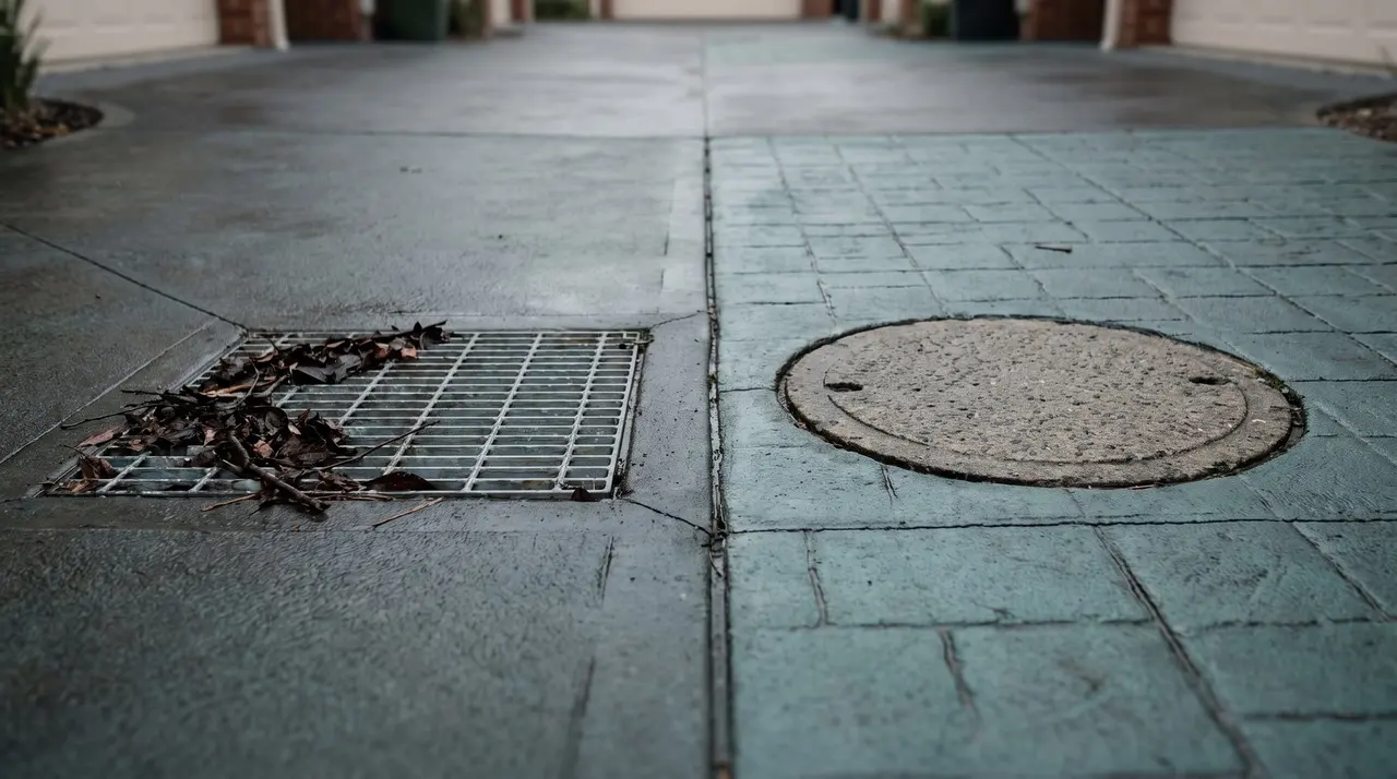 A square stormwater grate and a round sewer inspection cover set side by side in a paved area