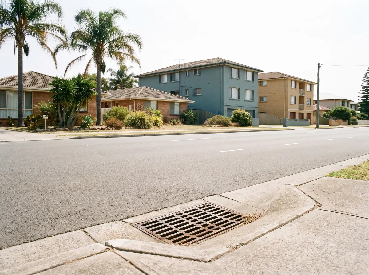 A quiet suburban street of houses and low-rise apartments, with a stormwater grate in the kerb