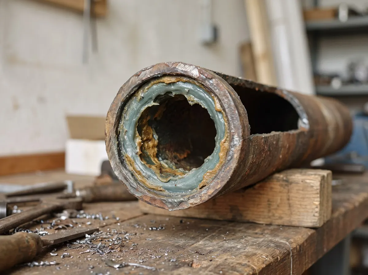 A cut-away section of old pipe on a workbench, showing hardened build-up narrowing the bore from the inside