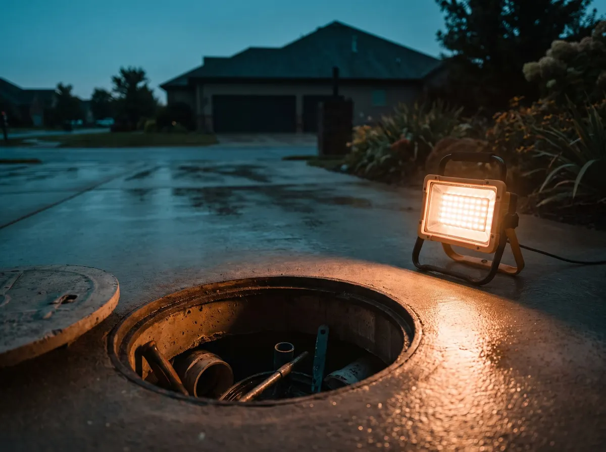 An open drain inspection point in a driveway at dusk, lit by a portable work light