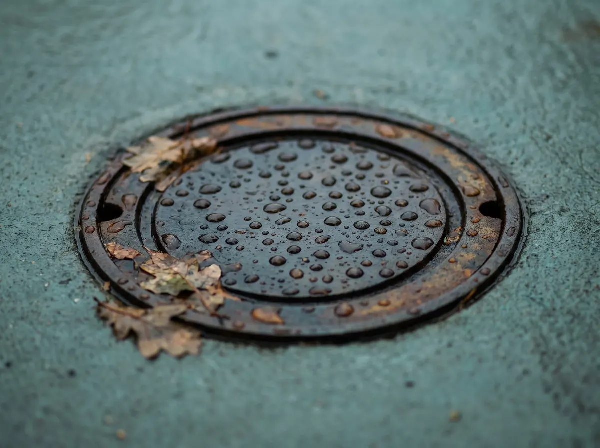 A close-up of a cast iron drain inspection cover set into wet concrete, with raindrops beading on the metal