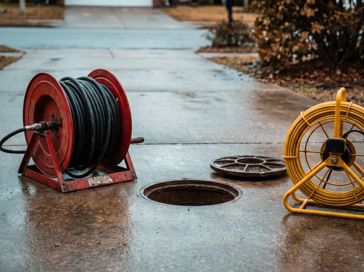 A jetting hose reel, a drain camera reel and an open drain inspection point set up on a driveway