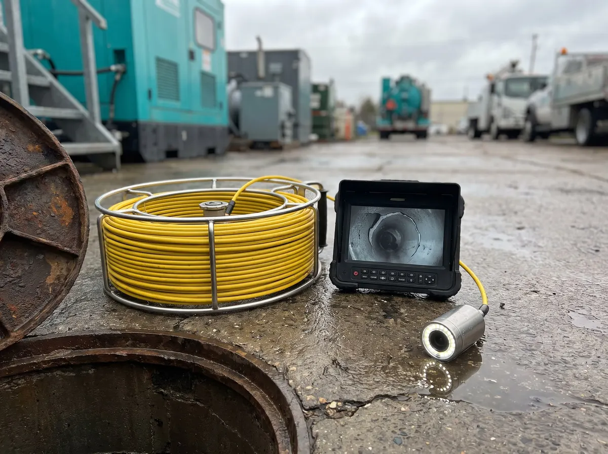 A drain camera reel, screen and camera head set up on the ground beside an open drain access point