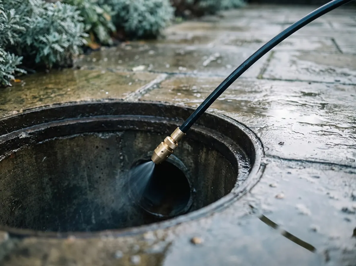 A high-pressure jetting hose with a brass nozzle being fed into an open drain inspection point