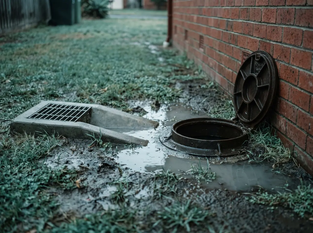 An overflow relief gully and an open sewer inspection chamber in a side yard, with water pooling on the ground