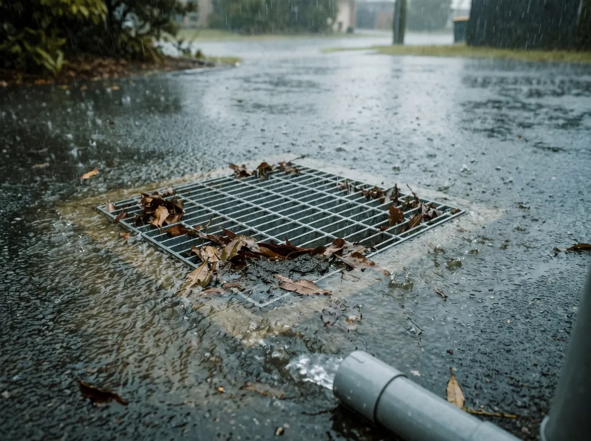 A stormwater grate covered in wet leaf litter, with rainwater backing up over it during heavy rain