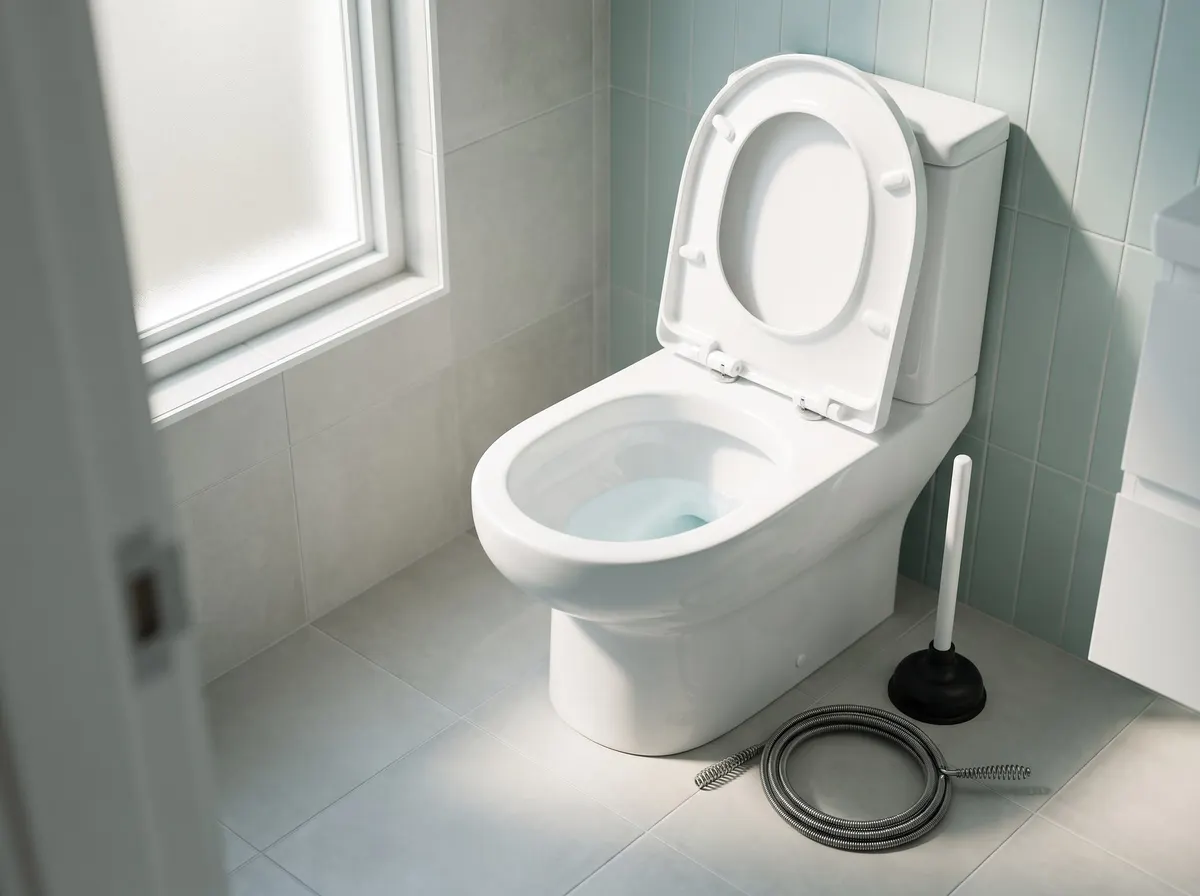 A toilet in a tiled bathroom with a plunger and a hand drain auger resting on the floor beside it